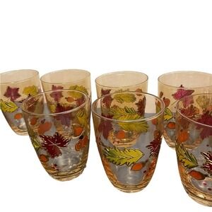 Anthropologie‎ 3D Juice Glasses Pumpkin Fall Leaf Design Set of 8